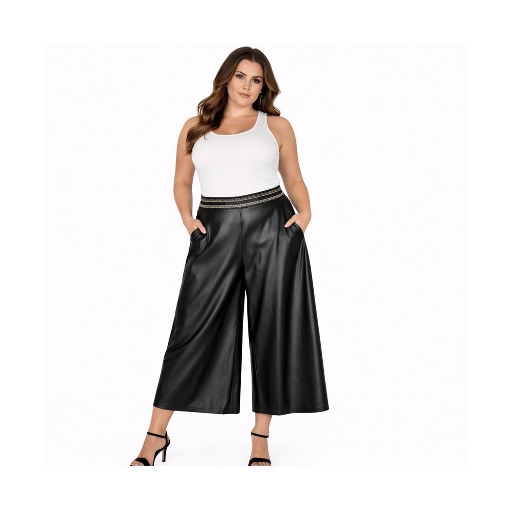 Halogen Black Faux Leather Culottes Wide Leg Cropped Pants PatternedWaist Sz1/Lg